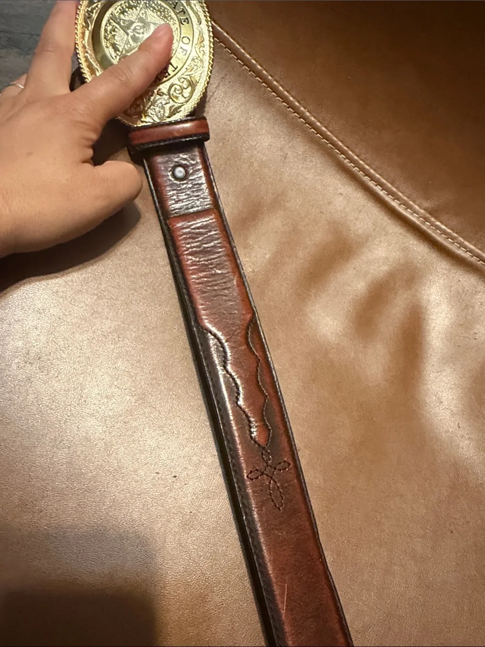 Montana Silversmiths Brown Leather Belt with Gold Texas State Buckle